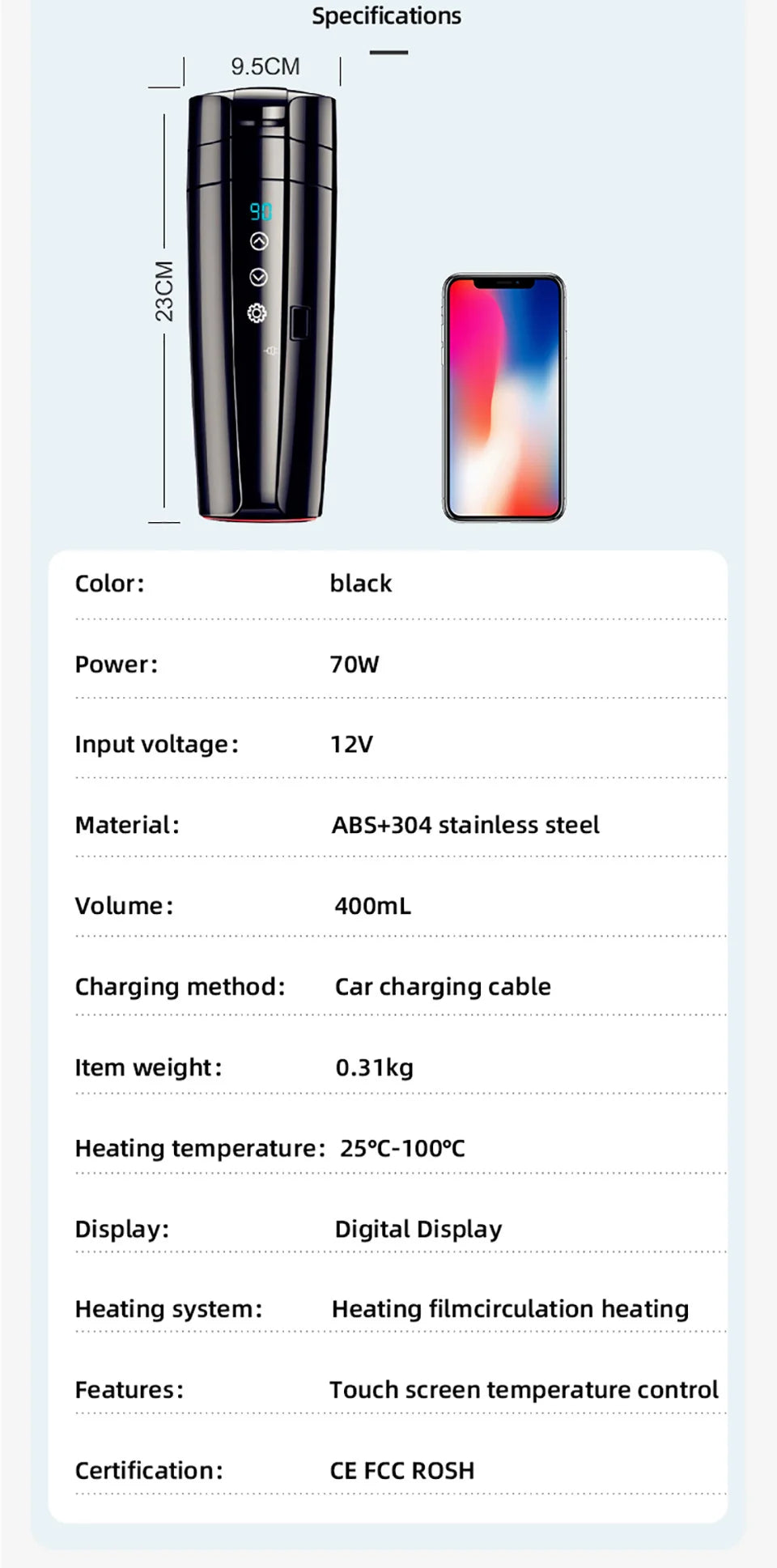 2V/24V Smart Car Heating Mug with LCD Display